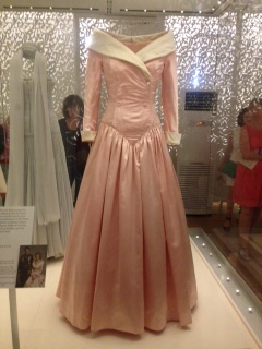 Pink satin evening gown with white raw silk collar and cuffs - Catherine Walker, 1987