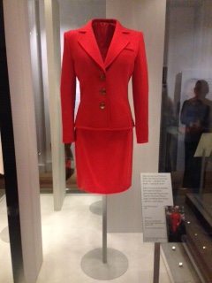 Red day suit worn to the launch of HIV charity London Lighthouse's new appeal - Catherine Walker, 1996